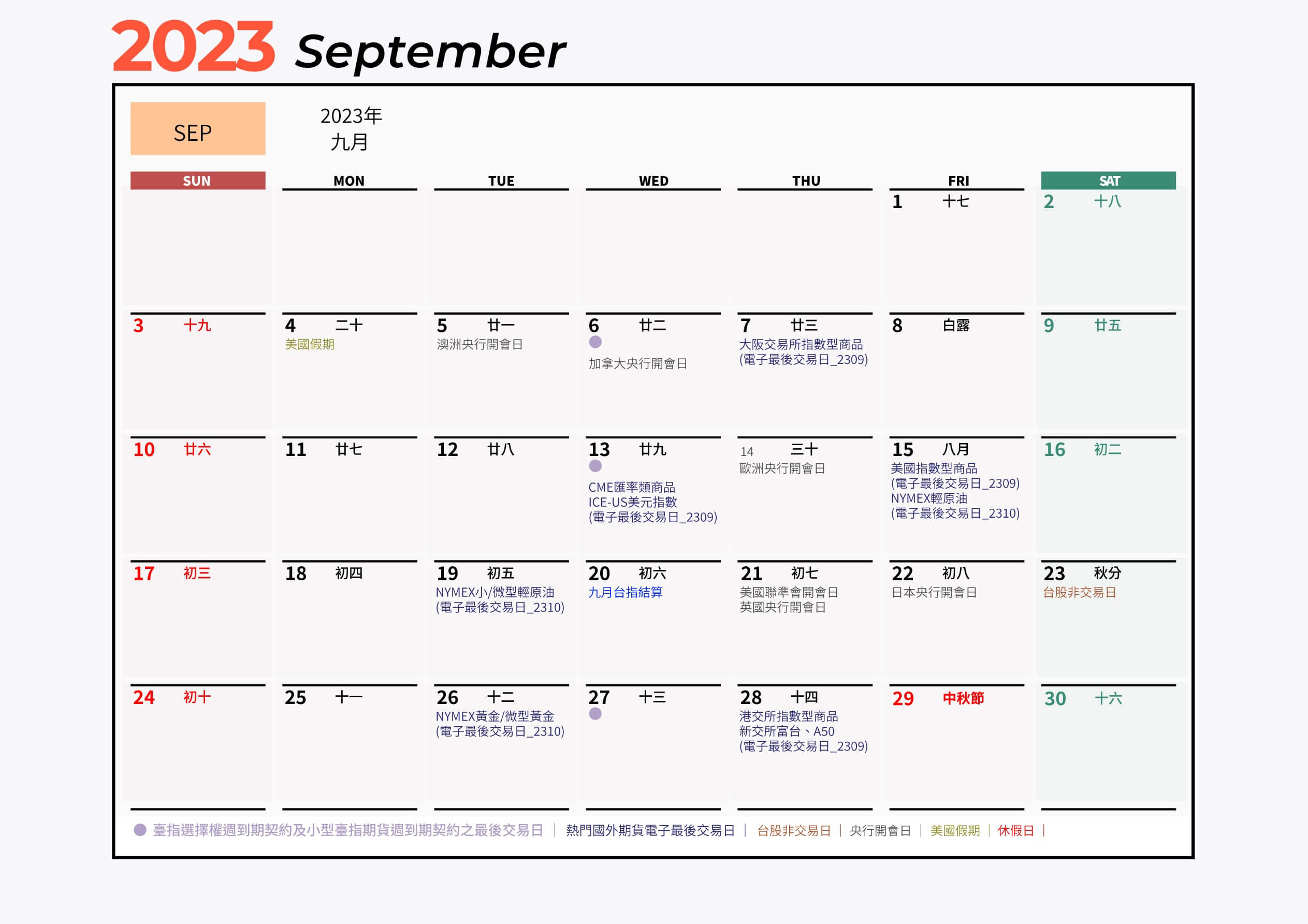 2023年9月期貨行事曆結算日曆表