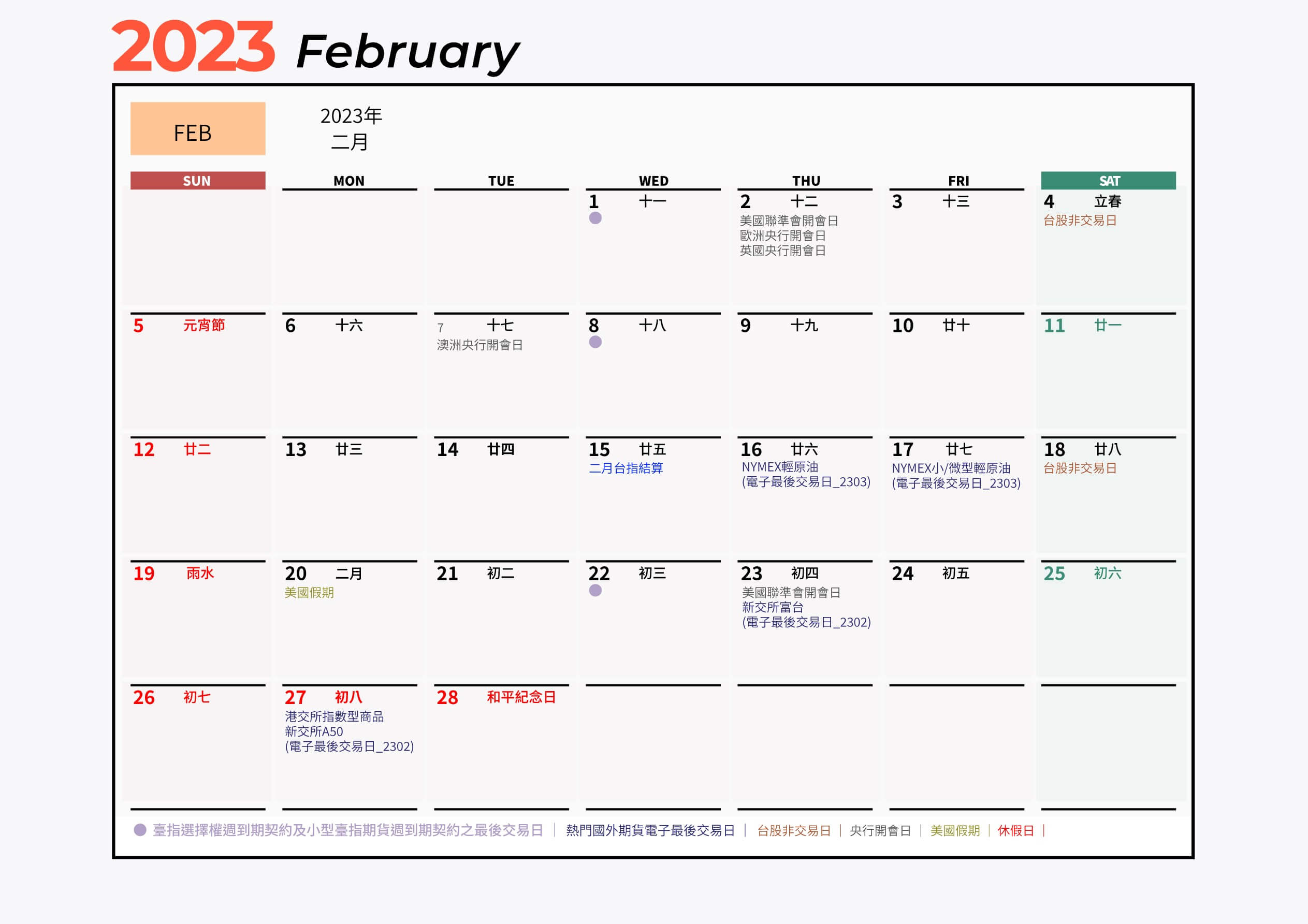 2023年2月期貨行事曆結算日曆表