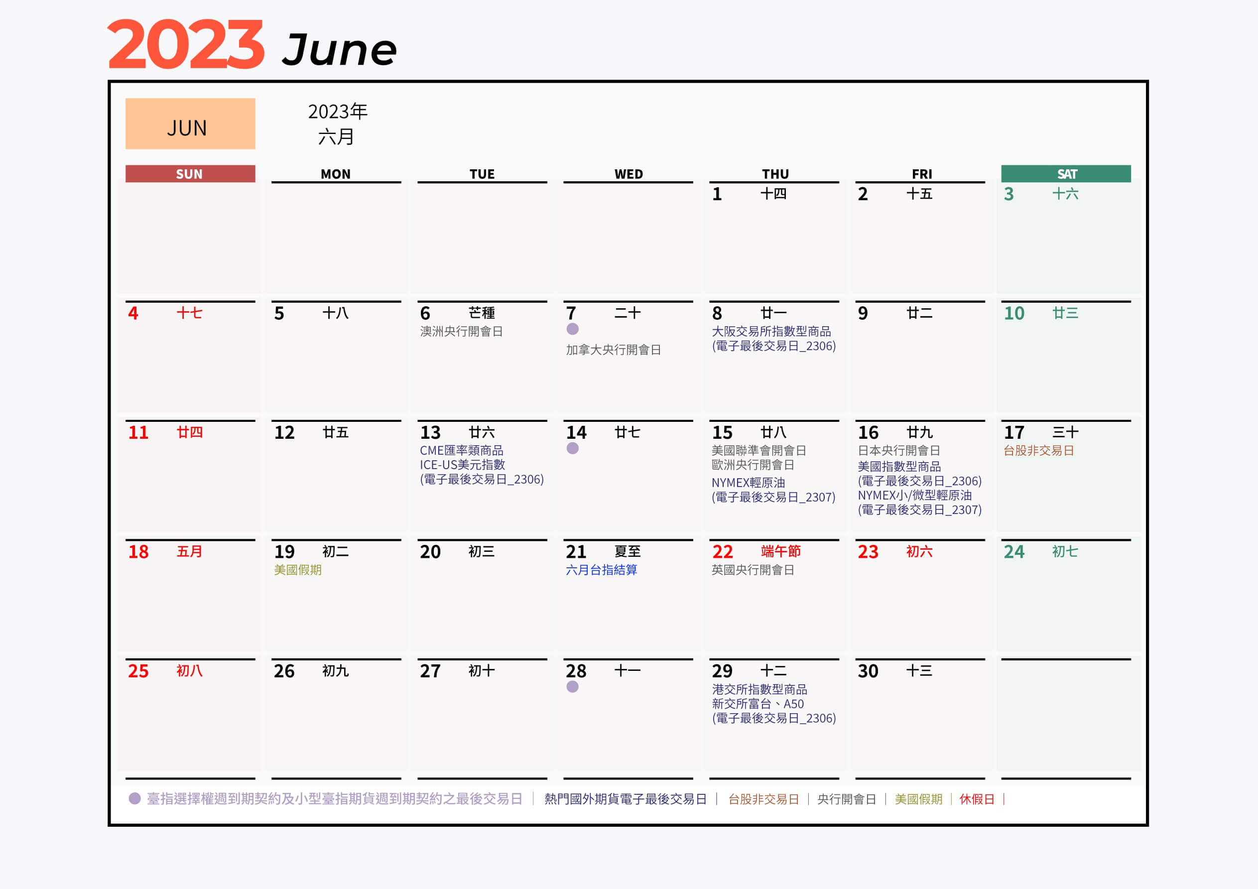 2023年6月期貨行事曆結算日曆表