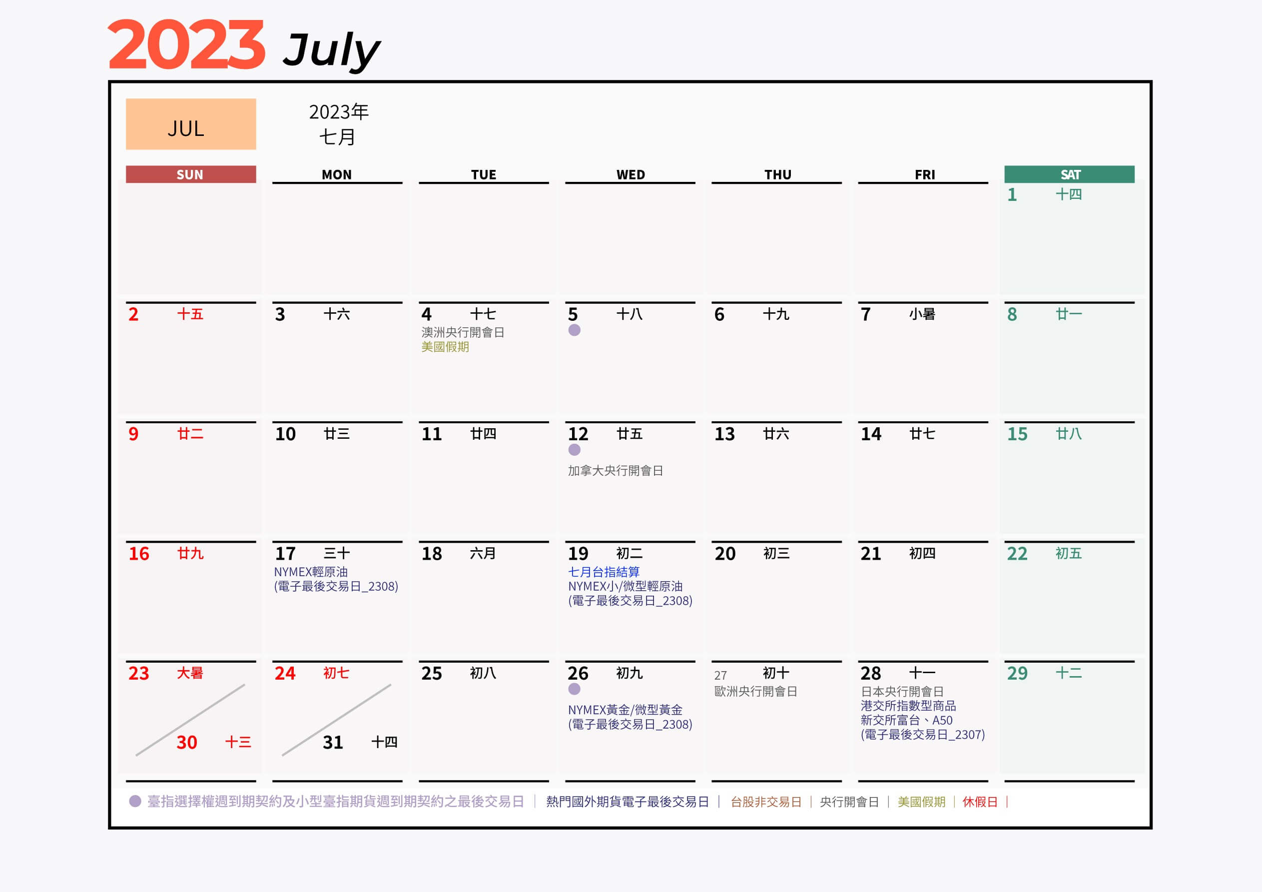2023年7月期貨行事曆結算日曆表
