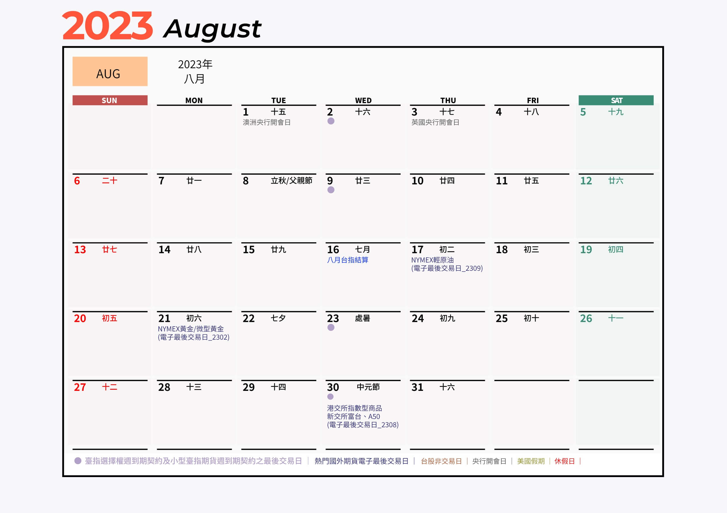 2023年8月期貨行事曆結算日曆表