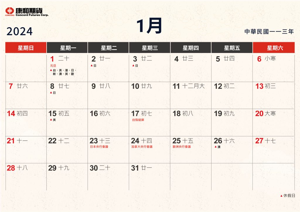 2024康和期貨電子月歷期貨股市行事曆結算日1月