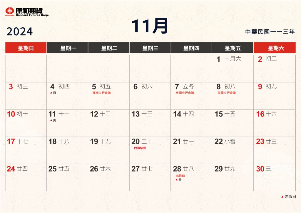2024康和期貨電子月歷期貨股市行事曆結算日11月